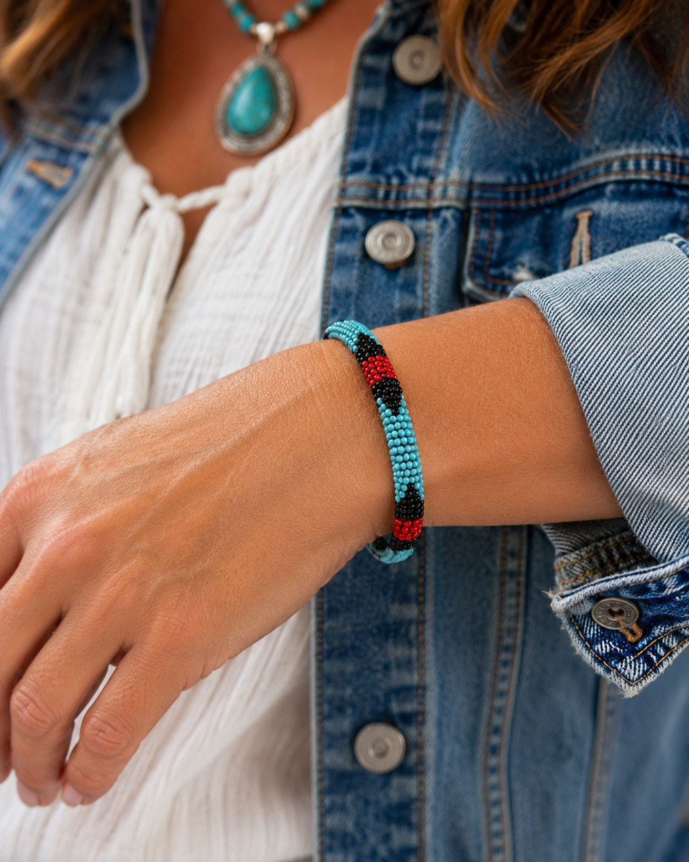Handmade Turquoise Black Red Seed Bead Bangle Bracelet Boho Southwestern Cuff